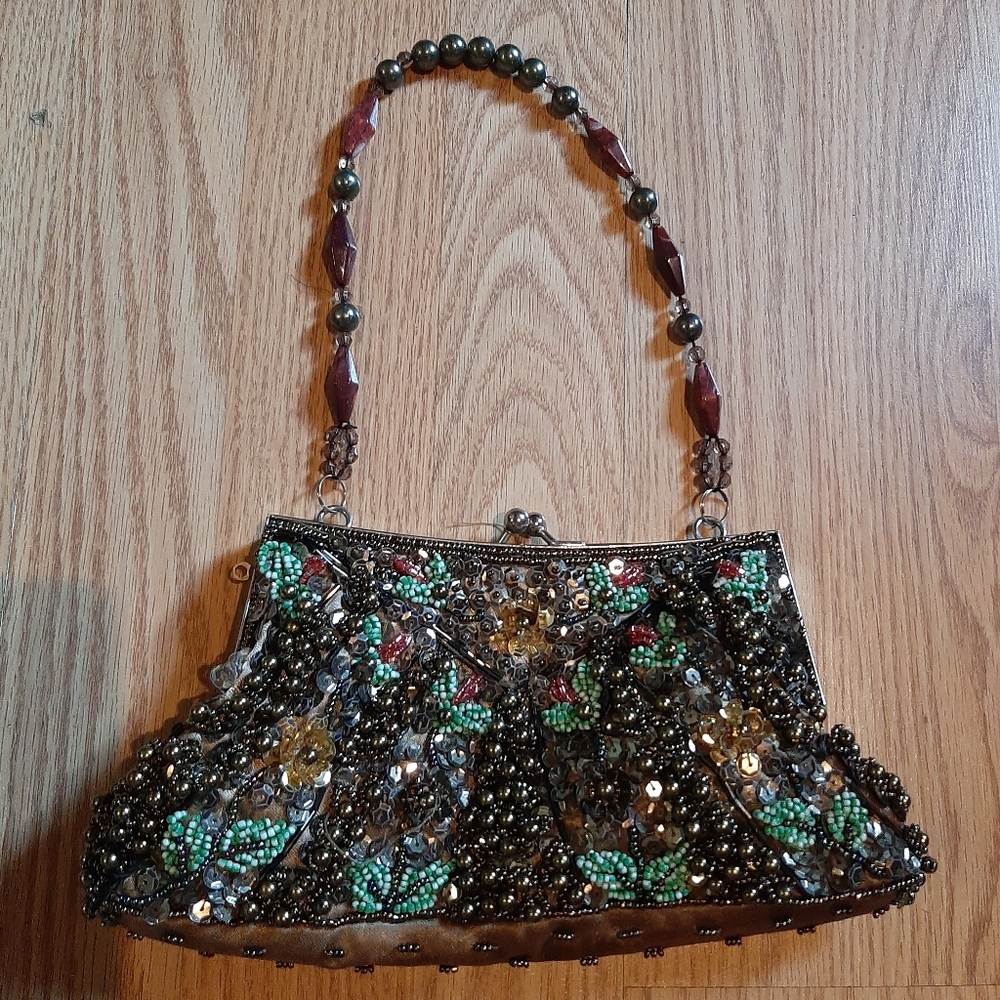Gorgeous Beaded Flower Handbag Beaded Handle Strap